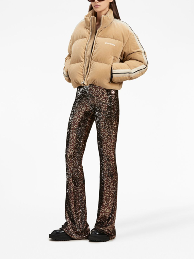 Shop Palm Angels Logo-tape Sequin Flared Trousers In Brown