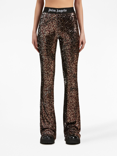 Shop Palm Angels Logo-tape Sequin Flared Trousers In Brown