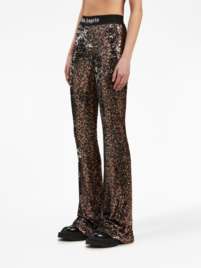 Shop Palm Angels Logo-tape Sequin Flared Trousers In Brown