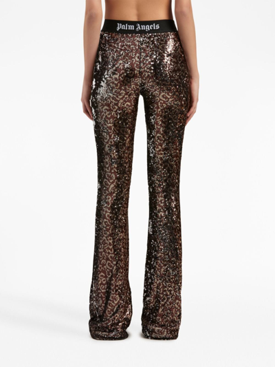 Shop Palm Angels Logo-tape Sequin Flared Trousers In Brown