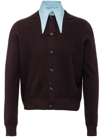 Shop Prada Collar-detail Cashmere Cardigan In Brown