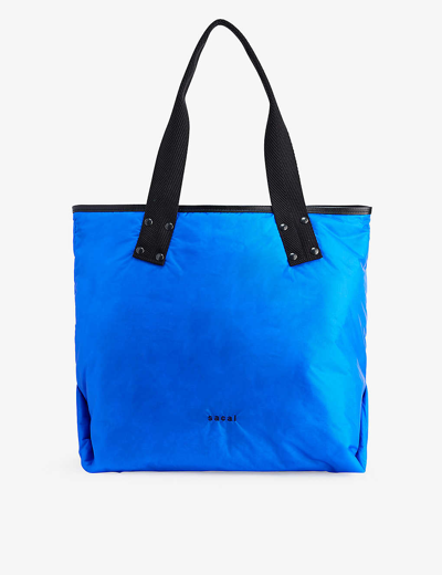 Shop Sacai Blue Brand-embroidered Shell Tote Bag