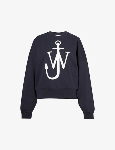 Shop Jw Anderson Women's Navy Logo-print Organic-cotton Sweatshirt