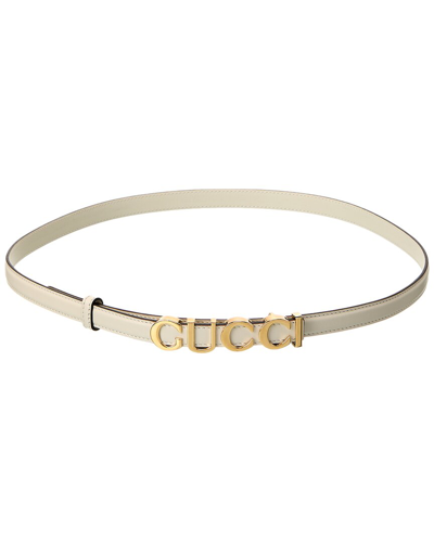 Shop Gucci Buckle Thin Leather Belt In White