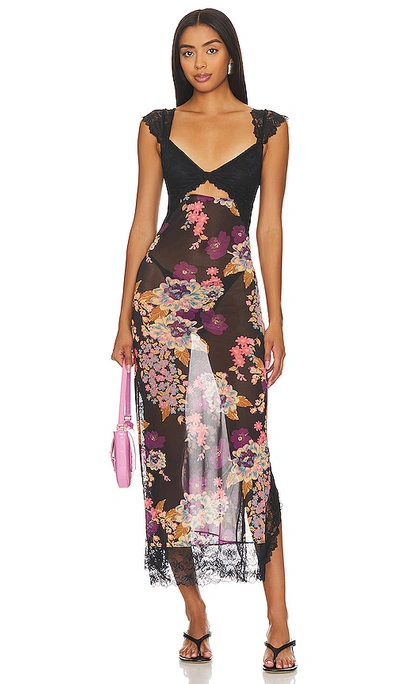 Free People Suddenly Fine Floral Print Cutout Lace Trim Nightgown In Black