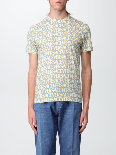 Shop Versace Cotton T-shirt With All Over Logo Print In Blue