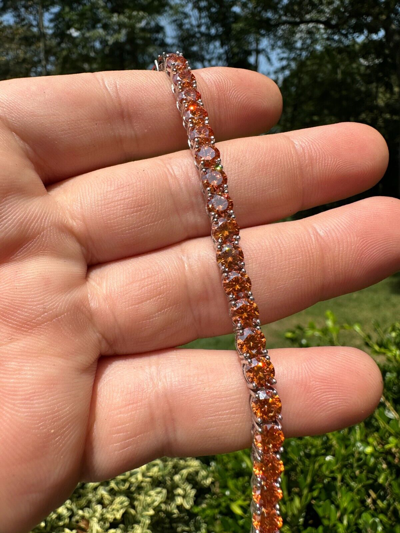 Pre-owned Silver Real Iced Orange Moissanite 5mm Tennis Bracelet 925  Pass Diamond Test