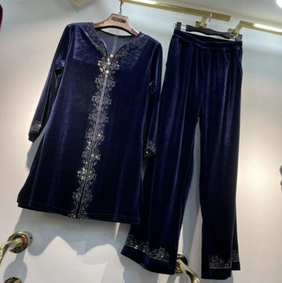 Pre-owned Handmade Custom Made To Order Bespoke Stretch Velvet Top & Pants Suit Two Piece Set L999 In Navy