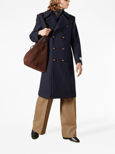 Shop Gucci Logo-patch Double-breasted Wool Coat In Blau