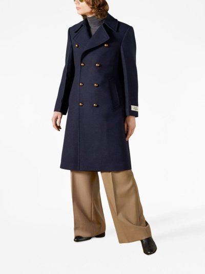 Gucci Logo-patch Double-breasted Wool Coat In Blau