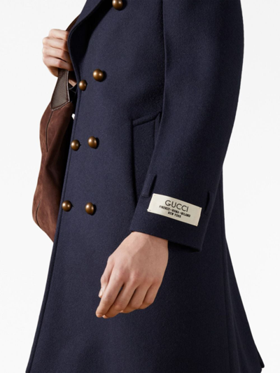Gucci Logo-patch Double-breasted Wool Coat In Blau
