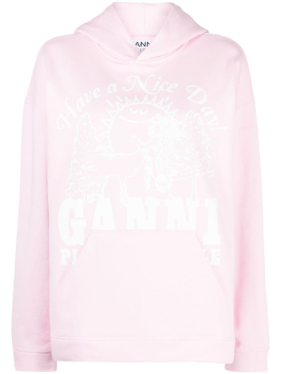 Shop Ganni Logo-print Organic Cotton Hoodie In Rosa