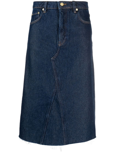 Shop Ganni Heavy Raw-cut Hem Denim Midi Skirt In Blau