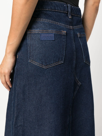 Shop Ganni Heavy Raw-cut Hem Denim Midi Skirt In Blau