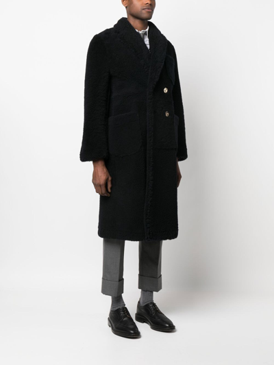 Shop Thom Browne Shearling Double-breasted Button Coat In Blue