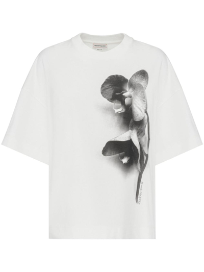 Shop Alexander Mcqueen Orchid-print Cotton T-shirt In White