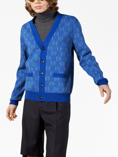 Shop Gucci Gg Jacquard Wool Cardigan In Blue