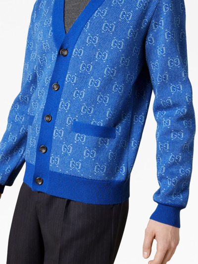Shop Gucci Gg Jacquard Wool Cardigan In Blue