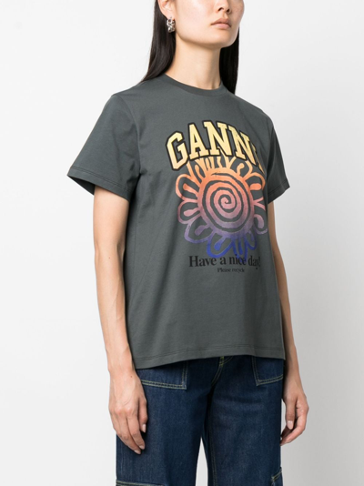 Shop Ganni Relaxed Flower Organic Cotton T-shirt In Grau
