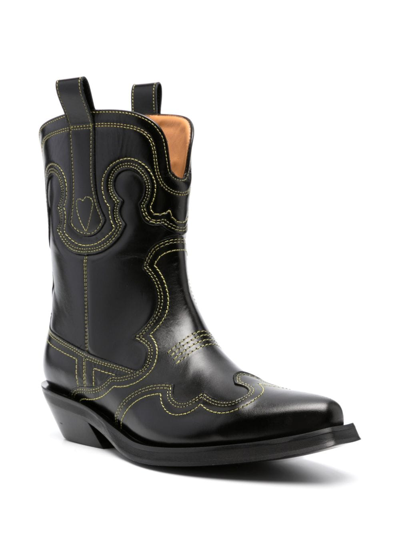 Shop Ganni 40mm Contrast-stitching Leather Western Boots In Schwarz