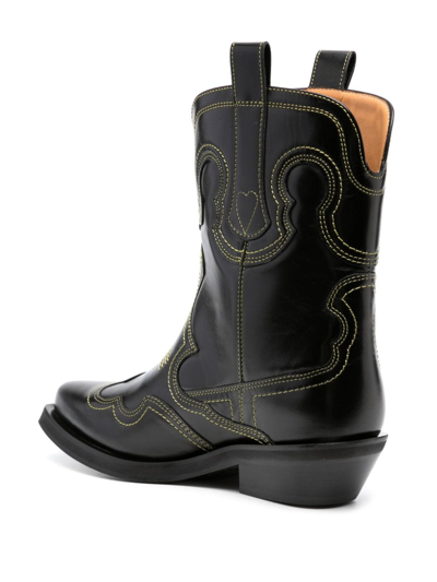 Shop Ganni 40mm Contrast-stitching Leather Western Boots In Schwarz