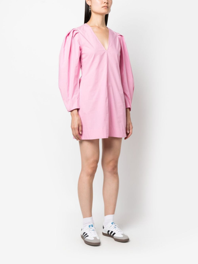Shop Ganni Puff-sleeves Organic Cotton Minidress In Rosa