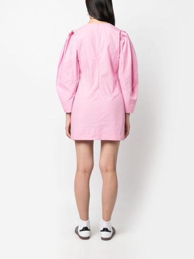 Shop Ganni Puff-sleeves Organic Cotton Minidress In Rosa