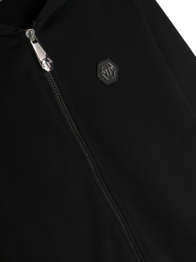 Shop Philipp Plein Junior Logo-patch Zip-up Hoodie In Schwarz