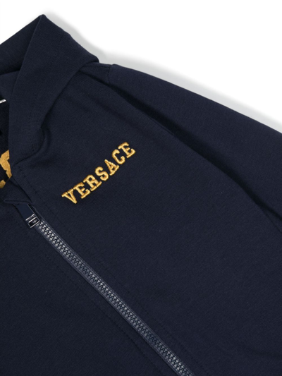 Shop Versace Logo-embroidered Zipped Hoodie In Blue