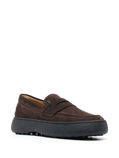Shop Tod's Logo-stamped Suede Penny Loafers In Brown