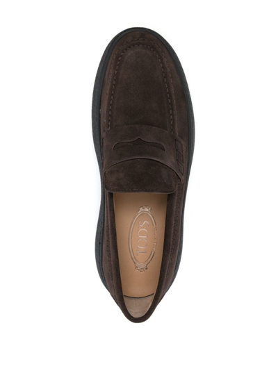 Shop Tod's Logo-stamped Suede Penny Loafers In Brown