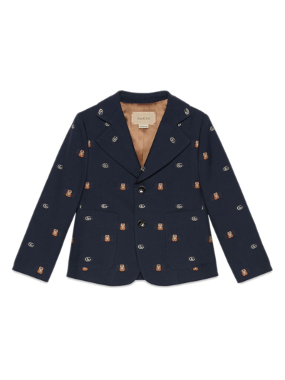 Shop Gucci Double G-logo Buttoned Blazer In Blue