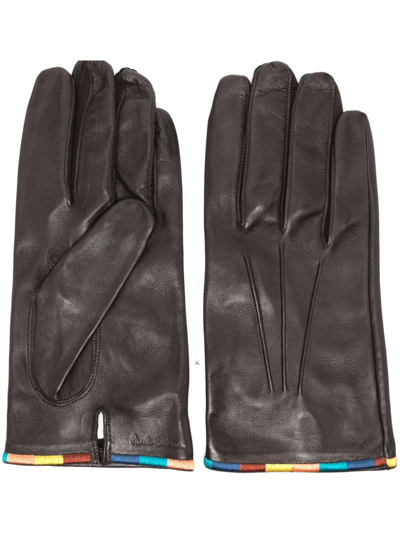 Shop Paul Smith Artist Stripe-embroidered Leather Gloves In Brown