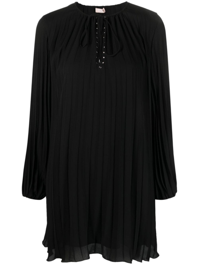 Shop Liu •jo Tie-fastening Crepe Pleated Minidress In Black