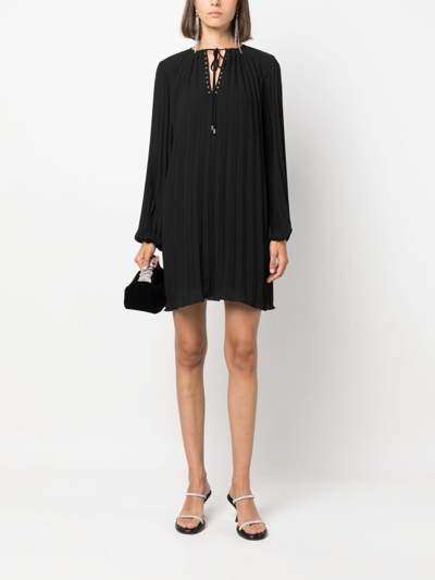 Shop Liu •jo Tie-fastening Crepe Pleated Minidress In Black