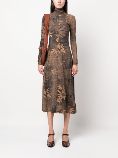 Shop Mm6 Maison Margiela Floral-print Midi Dress In Brown
