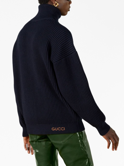 Shop Gucci Logo-embroidered Zipped Knitted Jacket In Blue