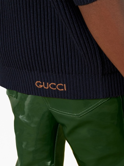Shop Gucci Logo-embroidered Zipped Knitted Jacket In Blue
