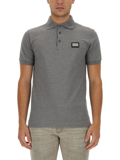 Shop Dolce & Gabbana Logo Plaque Short Sleeved Polo Shirt In Grey