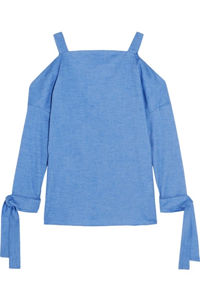 Tibi Cutout Stretch-cotton Chambray Top In Light Blue