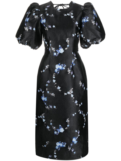 Shop Ganni Floral-jacquard Midi Dress In Black