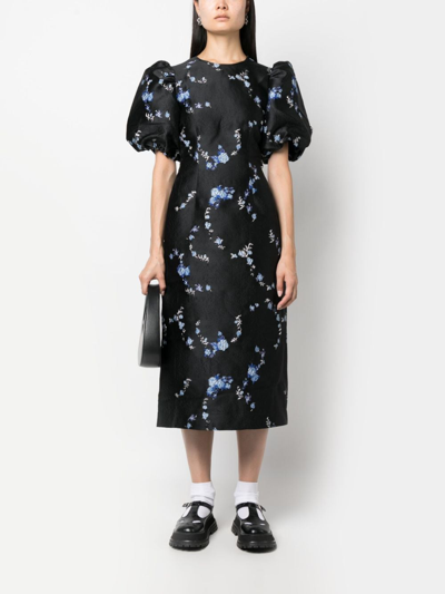 Shop Ganni Floral-jacquard Midi Dress In Black