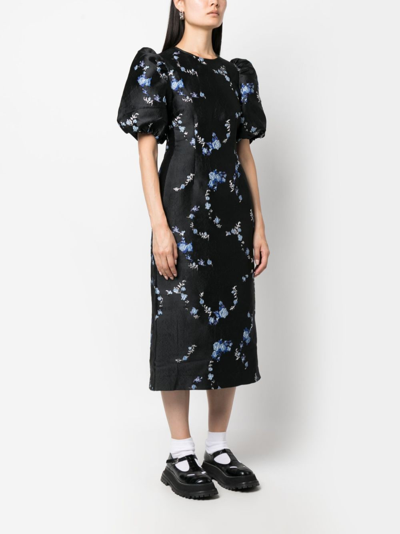 Shop Ganni Floral-jacquard Midi Dress In Black