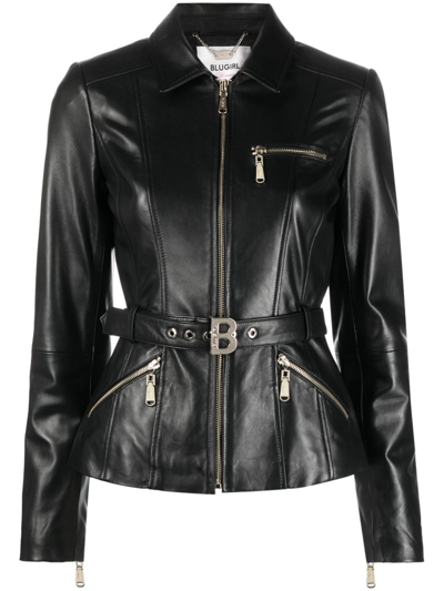 Shop Blugirl Zip-up Belted Leather Jacket In Black