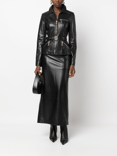 Shop Blugirl Zip-up Belted Leather Jacket In Black