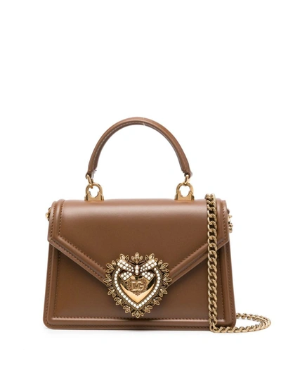 Shop Dolce & Gabbana Devotion Small Leather Handbag In Camel