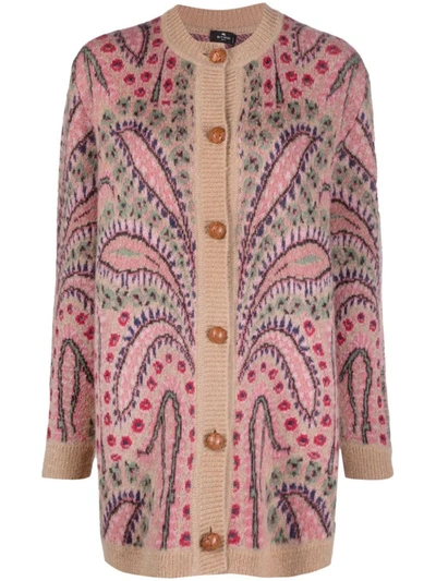 Shop Etro Embroidered Wool Blend Cardigan In Brown