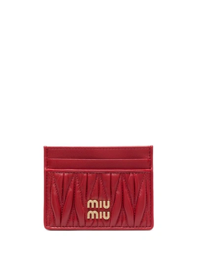 Shop Miu Miu Logo-plaque Matelassé Cardholder In Rosso