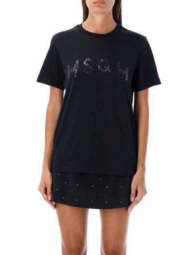 Shop Msgm Tshirt Logo Sequin In Black