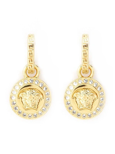 Shop Versace Crystal La Medusa Greca Earrings In Golden